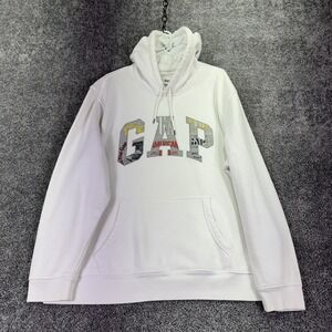 Gap Hoodie Mens 2XL White Fleece Pullover Gap Logo Graphic Kangaroo Pocket City